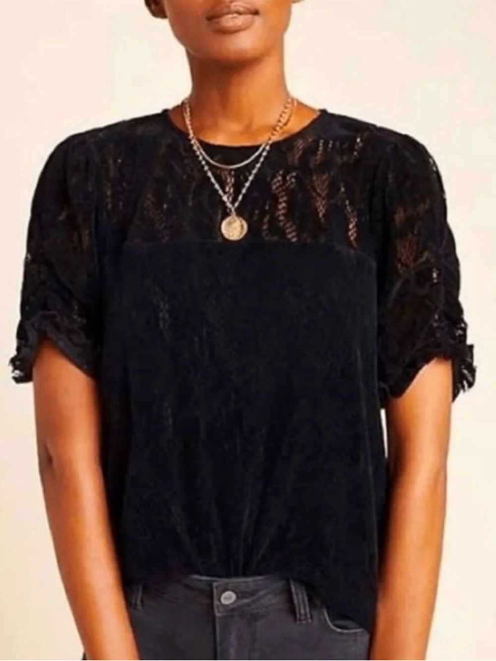 Anthropologie Black Lace-Yoke And Velvet Short Sleeve Top.